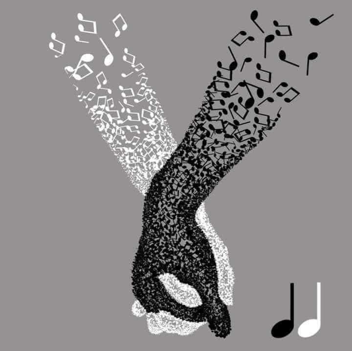 Illustration violette d’une silhouette formée de notes de musique